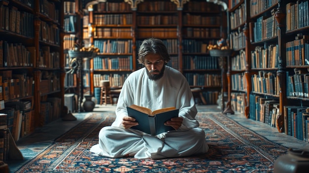 Man islam reading a book in a quiet corner of a richly decorated library