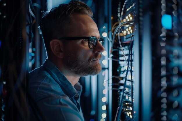 Photo man it technician checking equipment in network server room