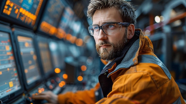 a man in a jacket and glasses is sitting on a train