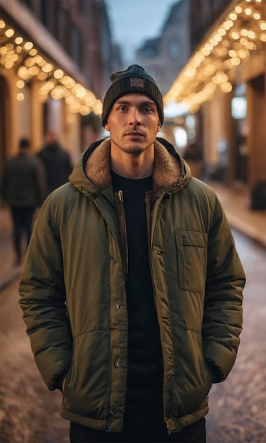 a man in a jacket and hat stands in a street