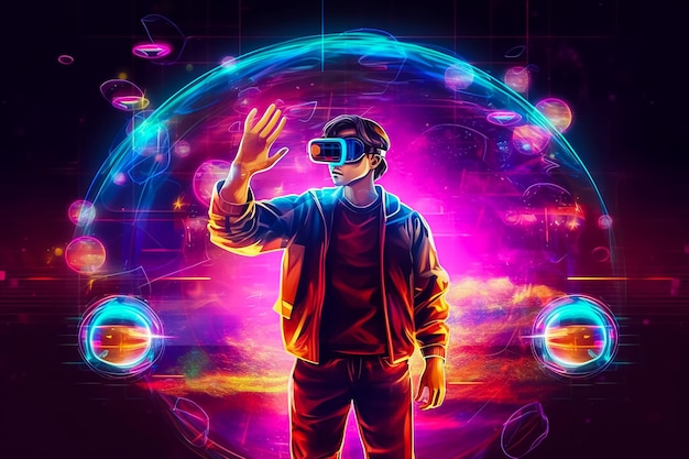 A man in a jacket and a neon glasses stands in front of a colorful background.