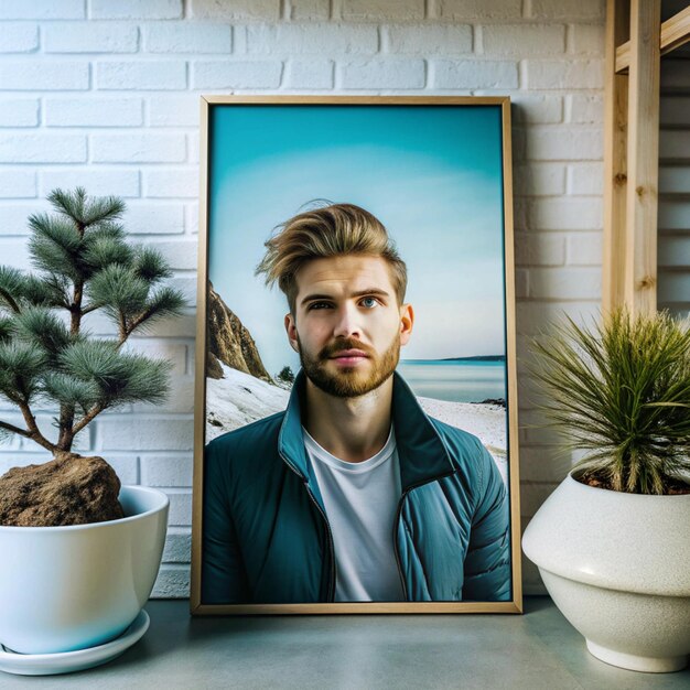 Photo a man in a jacket and a shirt is sitting on a counter next to a plant and potted plant