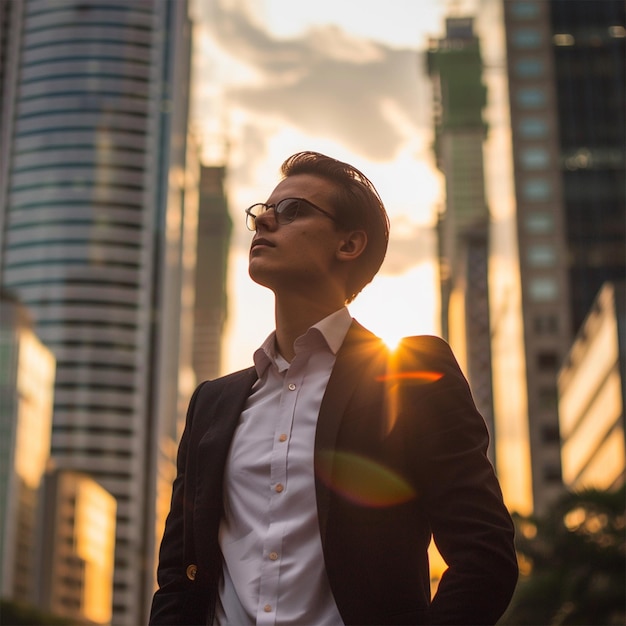 Photo a man in a jacket and sunglasses stands in front of a skyscraper