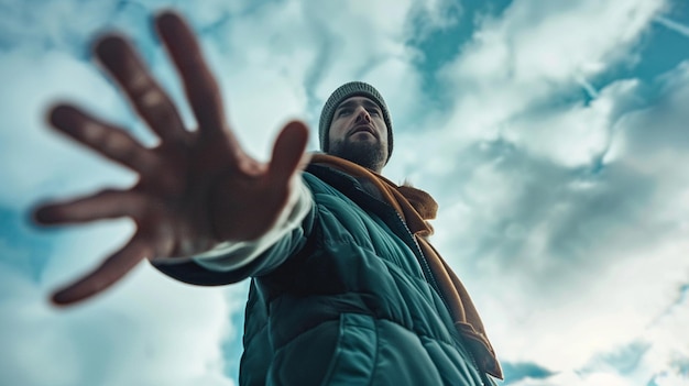 a man in a jacket with his hand up in the air