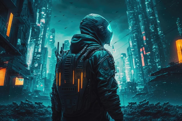 A man in a jacket with the word cyberpunk on it