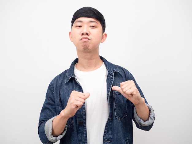 Man jean shirt confident point finger at himself arrogant face isolated