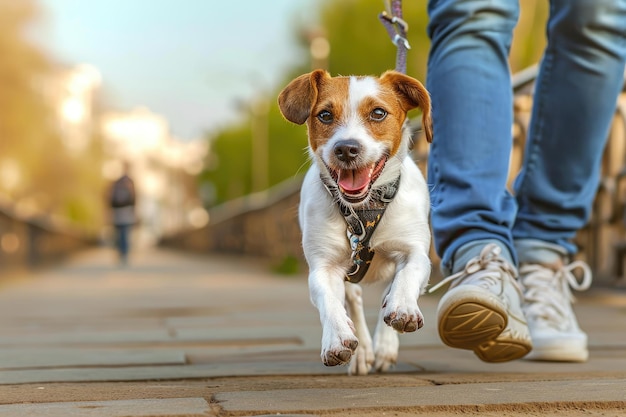 A man in jeans and sneakers walks a Jack Russell terrier dog in the city closeup