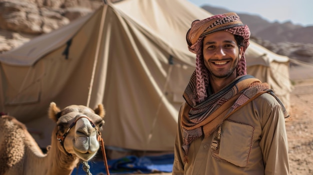 Photo a man joyfully posing with a camel in a desert camp setting showcasing a friendly and adventurous spirit