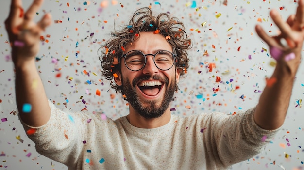 Photo man joyfully throws confetti while celebrating a special occasion