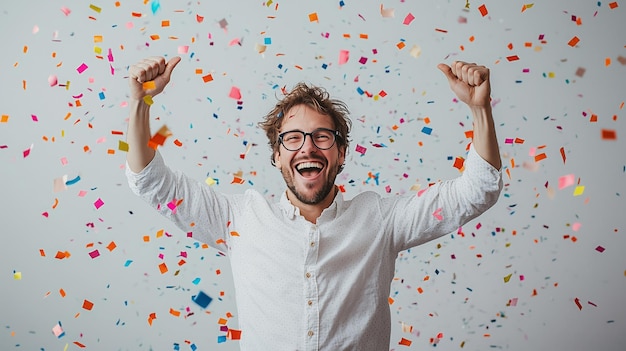 Photo man joyfully throws confetti while celebrating a special occasion