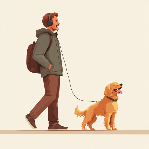 Photo man joyfully walking his dog while listening to music with headphones on