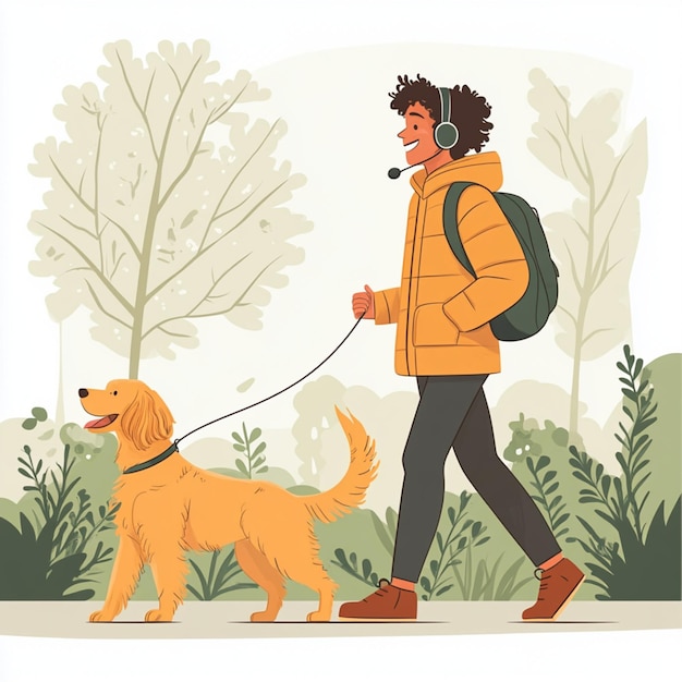 Photo man joyfully walking his dog while listening to music with headphones on