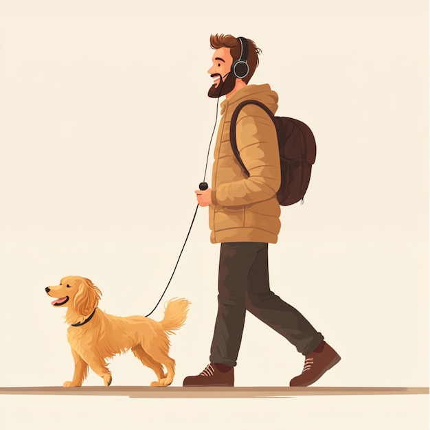 Photo man joyfully walking his dog while listening to music with headphones on