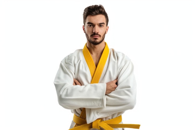 Photo man in a judo suit with yellow belt isolated on white background