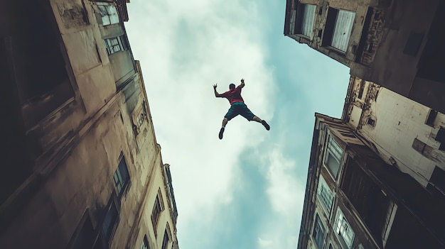 Photo man jumping between buildings in the city