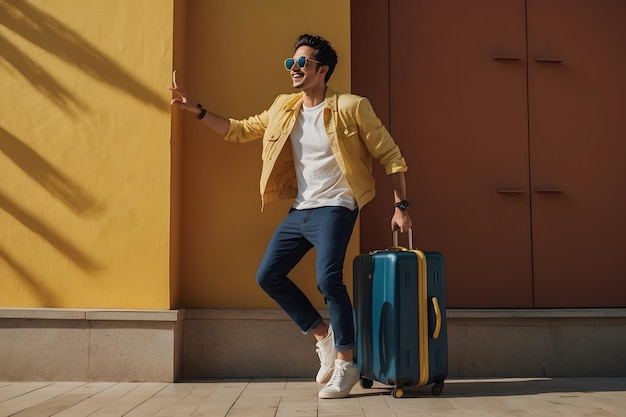 A man jumping carrying a suitcase with isolated background