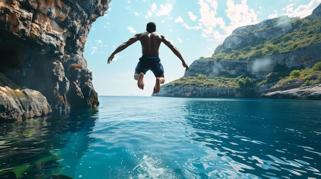 Photo man jumping into the sea