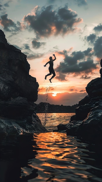 a man jumping into the water with a sunset in the background