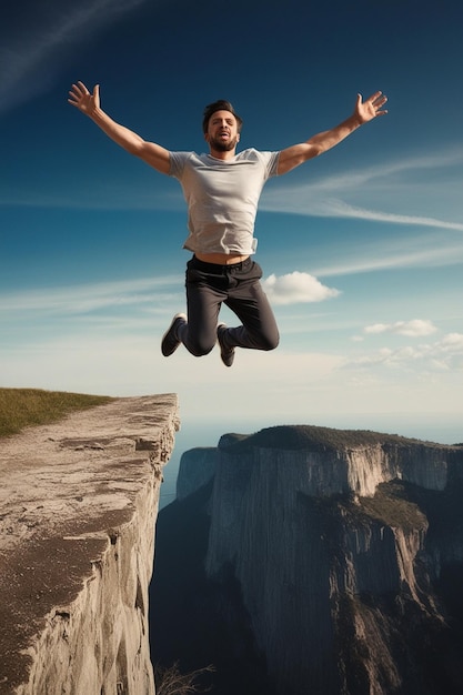 Photo a man jumping off a cliff with his arms outstretched