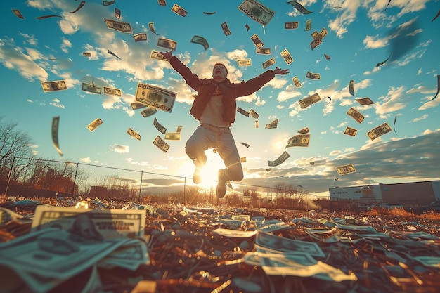 Photo man jumping in a shower of money