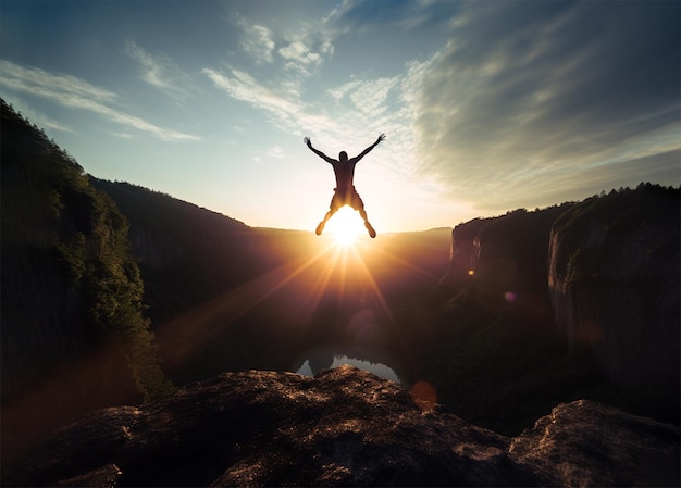 Man jumping on top of mountain during sunrise Achievement or success concept