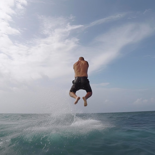 A man jumping in the water with the word " sea " on the bottom.