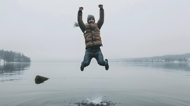 man jumping with joy by a lake isolated on white background space for captions