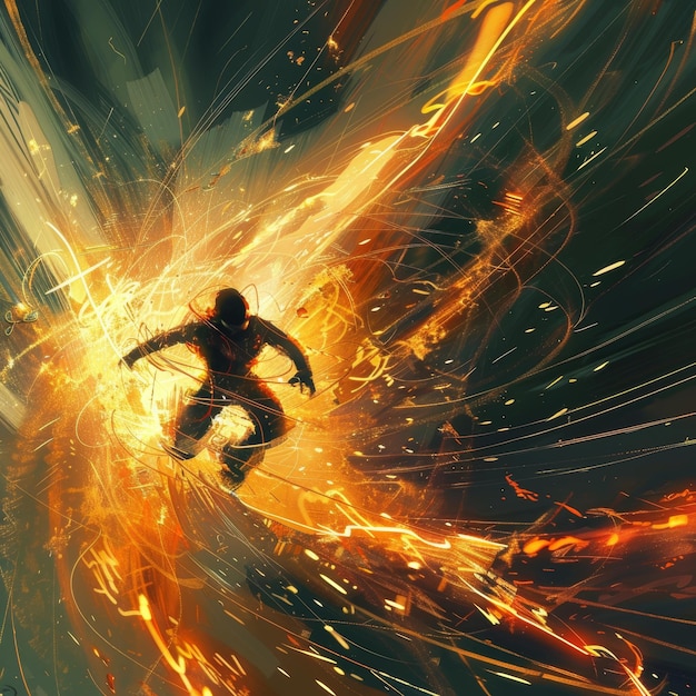 Man jumping with a lot of sparks on a dark background 3d rendering