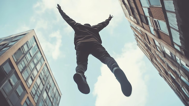 Photo a man jumps in the air in front of buildings