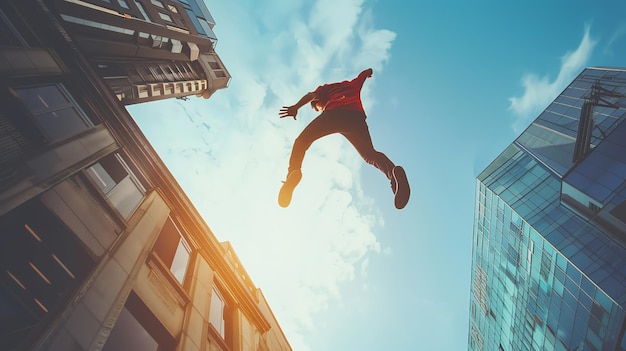 A man jumps between buildings in a city