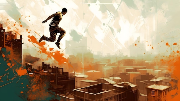 A man jumps over a cityscape with the words " the city of the future " on the top.