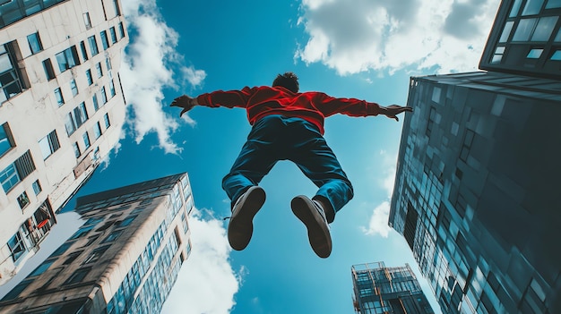 Photo a man jumps high in the air between two buildings arms outstretched with a bright blue sky and white clouds above him