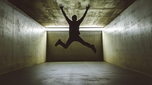 Photo man jumps in paved room