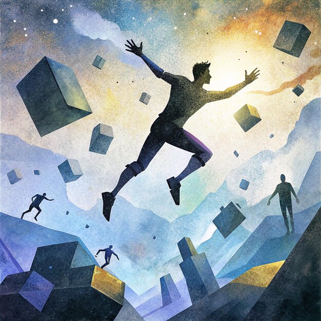 a man jumps over a pile of cubes with the word quot im a quot on it quot