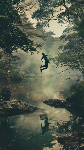 Photo a man jumps over a river in the forest