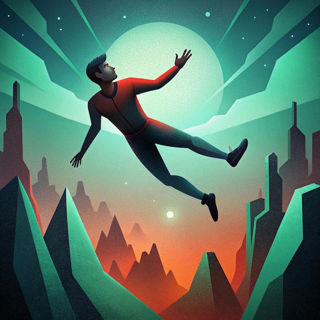 a man jumps in the sky with a red shirt on