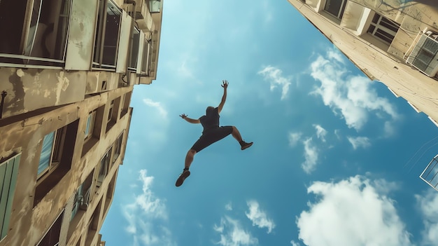 Photo a man jumps between two buildings in the city