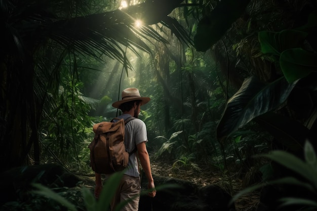 A man in a jungle with a backpack and a hat walks through the jungle.