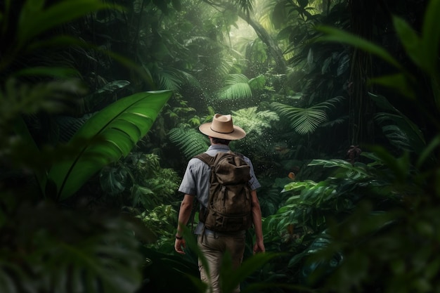 A man in a jungle with a backpack walks through the jungle