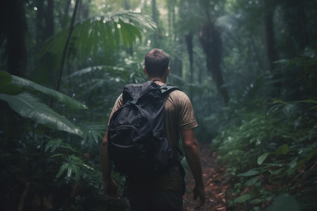 A man in a jungle with a backpack walks through the jungle.