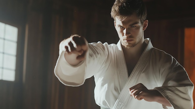 Photo a man in a karate uniform strikes a pose with a determined expression