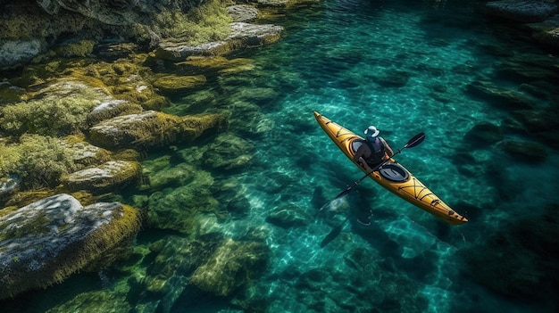 A man in a kayak is floating on a clear blue rivergenerative ai