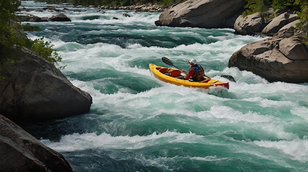 Photo a man in a kayak is kayaking down a river with a large rock in the background