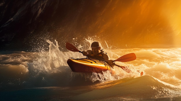 A man in a kayak is paddling through a wave.