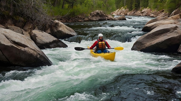 Photo a man in a kayak is in a river with a kayak in the background