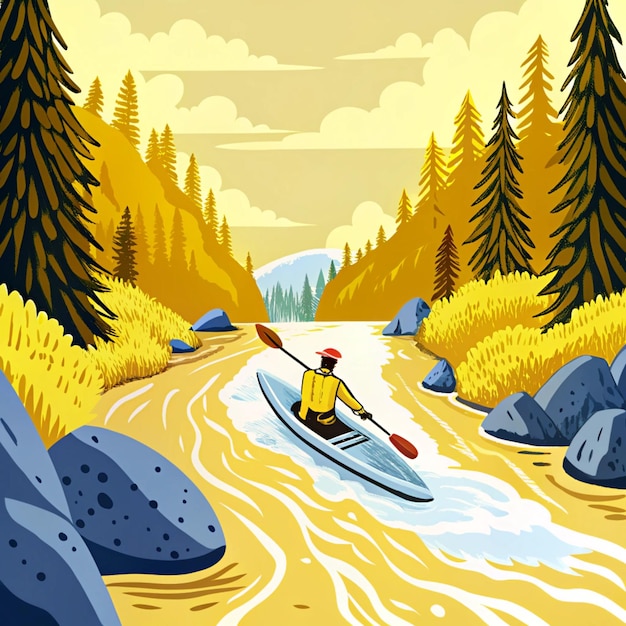 Photo a man in a kayak is rowing in a river with trees in the background