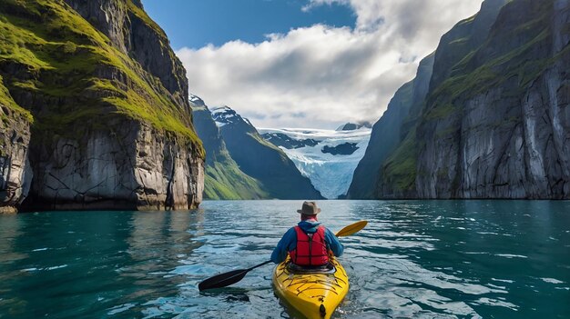 Photo a man in a kayak is in the water and is looking at a mountain and a man in a kayak