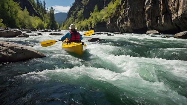 Photo a man in a kayak with a kayak in the background