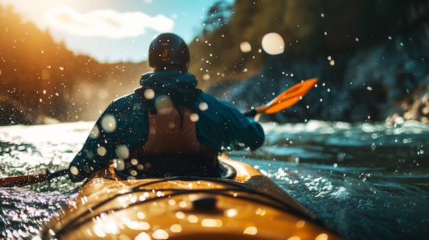 Photo man in kayak with paddle back view splashes of water extreme kayak sport concept generative ai