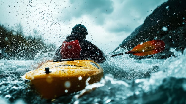 Photo man in kayak with paddle back view splashes of water extreme kayak sport concept generative ai